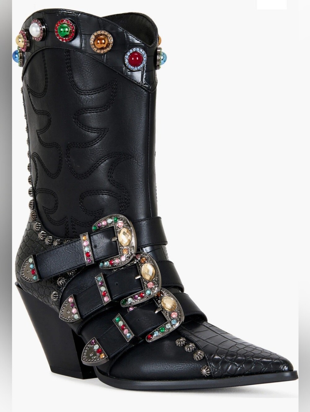 Black Jeweled Western Ankle Boot with Decorative Buckles